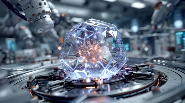 A futuristic crystal glows with energy in a cutting-edge laboratory setting, showcasing technology.