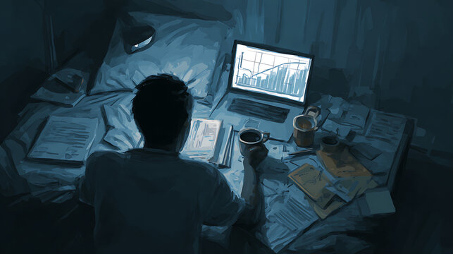 A college student studying about aspects of business profitability late at night