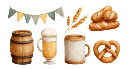 Rustic Beer and Bakery Elements with Banners, Barrels, and Pretzel Illustration