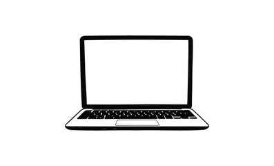 Black and white laptop outline drawing with open screen. Vector retro hand drawn illustration