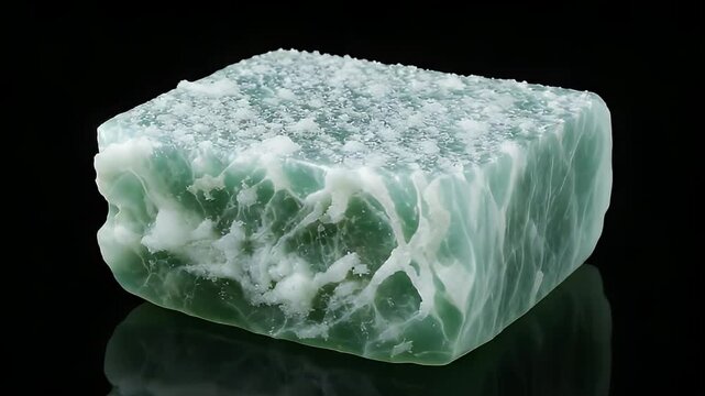 A single raw block of natural green jade stone with reflections