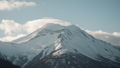 Snowy Mountain Peak Under Clear Blue Sky with Fluffy Clouds