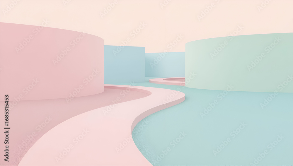 Poster abstract pastel architecture scene with curve leading through cylinders