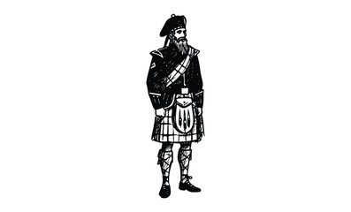 Vintage illustration of a bearded male in traditional scottish highland dress. Vector retro hand drawn illustration