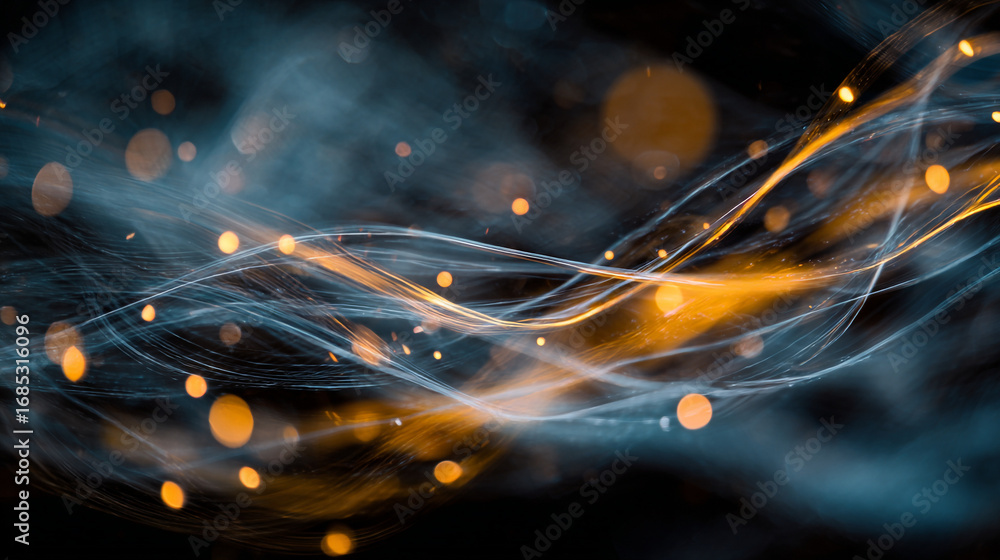 Poster abstract flowing lines with bokeh effect in blue and orange tones creating a dynamic composition