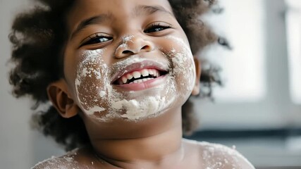 Joyful child with curly hair smiling and laughing with face covered in flour playful close up portrait natural expressions lively childhood indoor cinematic video - Powered by Adobe
