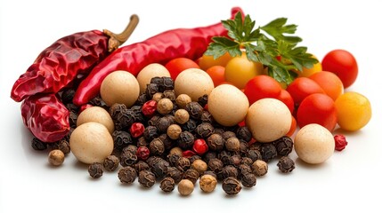Colorful Collection of Spices and Vegetables on White Background