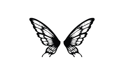 Minimalist black and white butterfly wings with intricate patterns. Vector retro hand drawn illustration