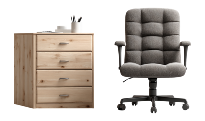 Modern Isolated Wooden Desk Drawer Unit with Grey Office Chair on Transparent Background