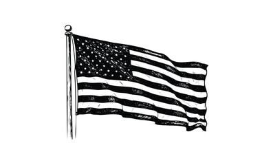 Black and white illustration of a waving american flag on flagpole. Vector retro hand drawn illustration