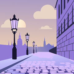Elegant street with vintage lampposts at dusk in pastel colors. Winter in the old city.  