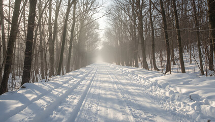 Obraz premium Snowy Road Through Winter Forest with Fog and Sunlight Filter