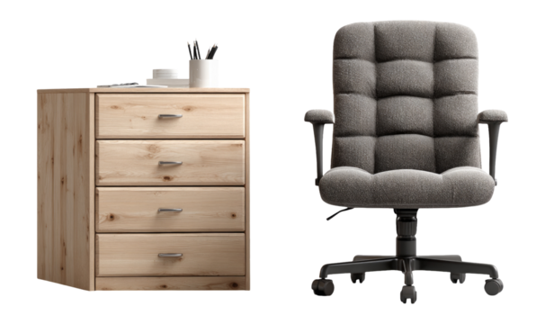Modern Isolated Wooden Desk Drawer Unit with Grey Office Chair on Transparent Background