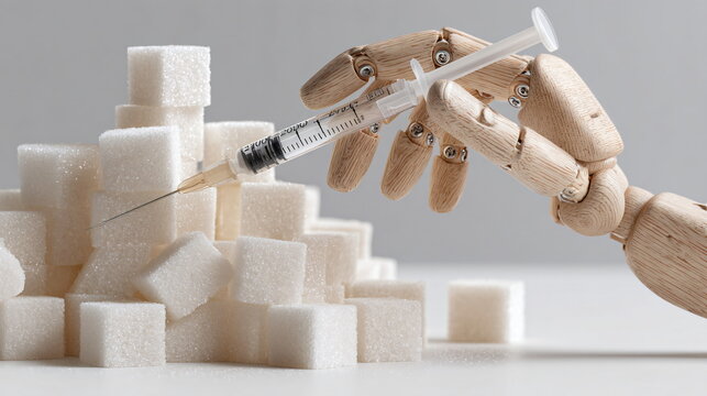 A wooden mannequin hand holding a syringe with a needle inserted into a pile of white sugar cubes. Diabetes and blood sugar concept.