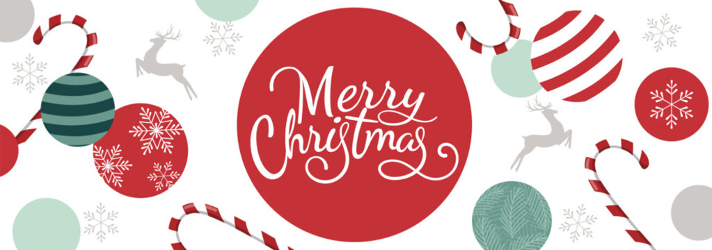 "Merry Christmas" banner featuring a white background with festive decorations including candy canes, ornaments, snowflakes, and reindeer silhouettes, with a prominent red circle.