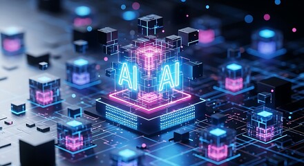 Ai chip with glowing cubes and digital circuit board