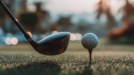 Golf Club and Ball on Tees in Sunny Outdoor Golf Course
