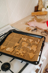 A young girl is cooking homemade Christmas cookies in the kitchen.