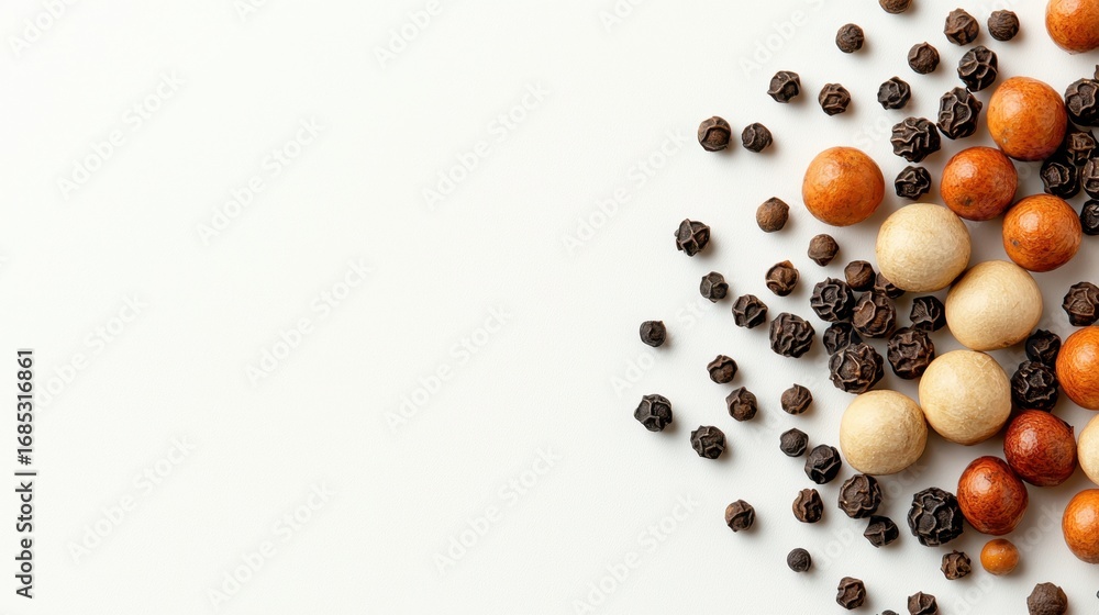 Poster colorful array of natural spices and seeds on white background