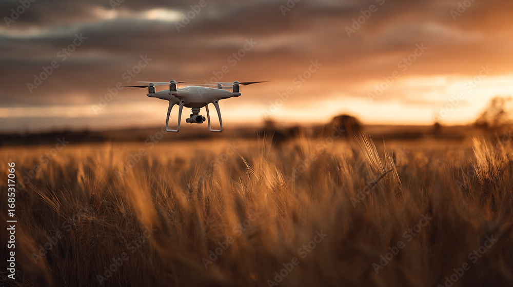 Poster a white drone hovering above a field of golden wheat at sunset with dramatic clouds in the backgroun