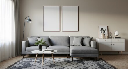 Modern Living Room Interior with Blank Frames for Mockup