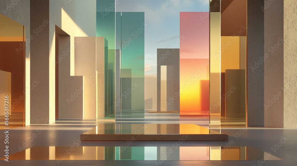 Poster modern abstract architecture with colorful glass structures