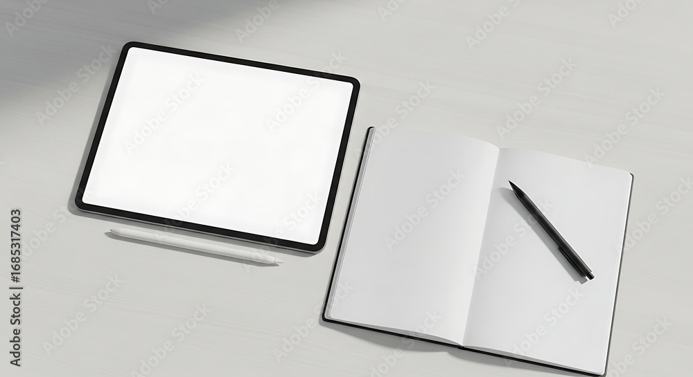 Poster tablet and open notebook with pen resting on a clean white desk, creating a minimalist workspace sce