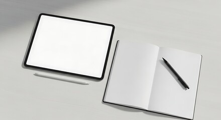 Tablet and open notebook with pen resting on a clean white desk, creating a minimalist workspace scene with modern technology and simple elegance.