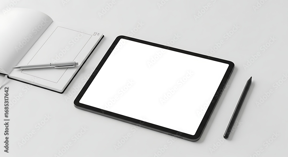 Poster tablet and notebook rest on a clean white desk in a modern office space, suggesting creativity and p