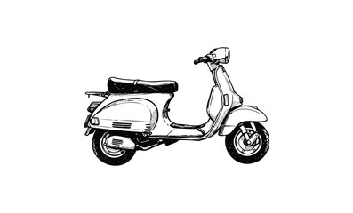Vintage scooter illustration: classic retro design in black and white. Vector retro hand drawn illustration