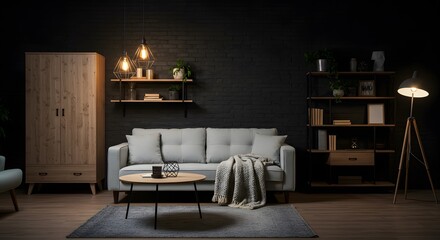 Modern Living Room Interior with Dark Brick Wall, Sofa and Decor