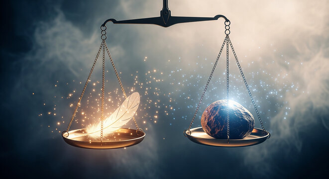 Legal scales with one side holding a feather and the other side holding a stone, suspended in the air, surrounded by glowing particles, ethereal atmosphere
