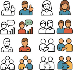 Modern vector icons showing people, teams, communication, and collaboration concepts.