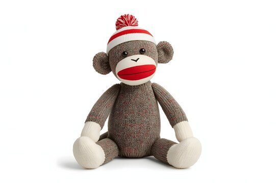 Grey sock monkey, winter hat, studio shot, white background, toy
