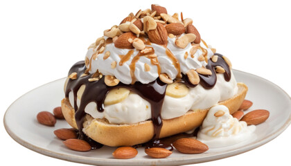 Delicious Sundae Delight: A delectable sundae, overflowing with vanilla ice cream, banana slices, luscious chocolate sauce, and whipped cream.