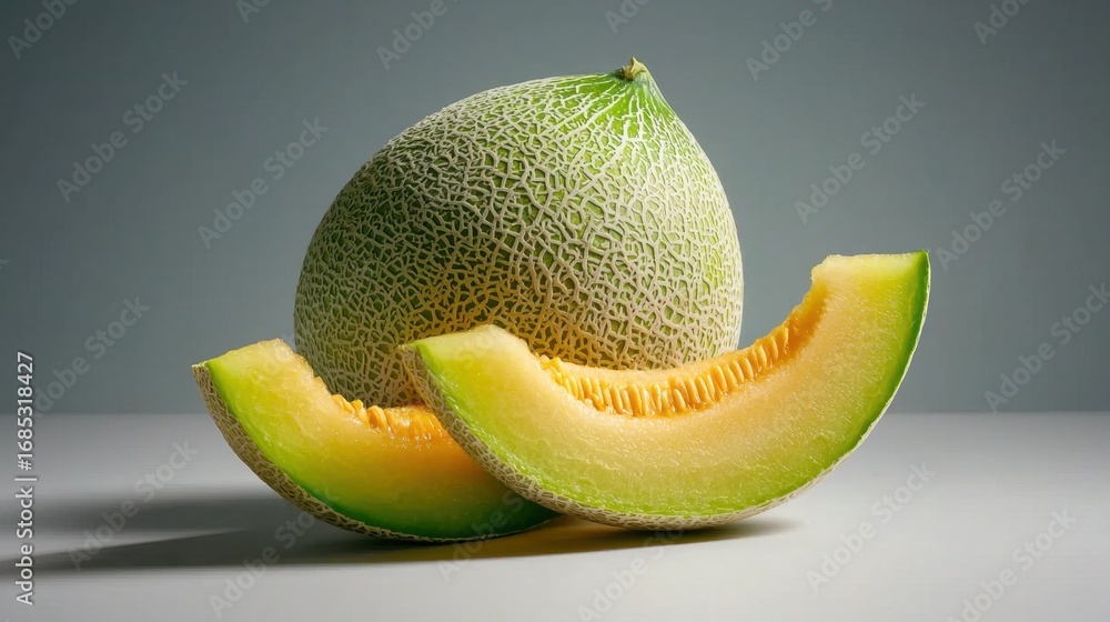 Poster fresh melon with slices on minimalistic background