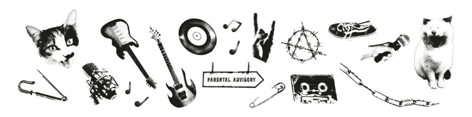 Monochrome grunge stickers set with retro stipple photocopy effect. Punk rock elements with cats, guitars, cassette tape and edgy symbols for posters, merch, cover and print design Vector illustration