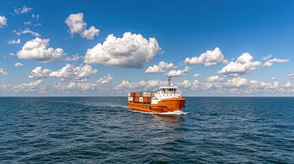Container Ship Navigating Calm Ocean Under Blue Sky with Clouds