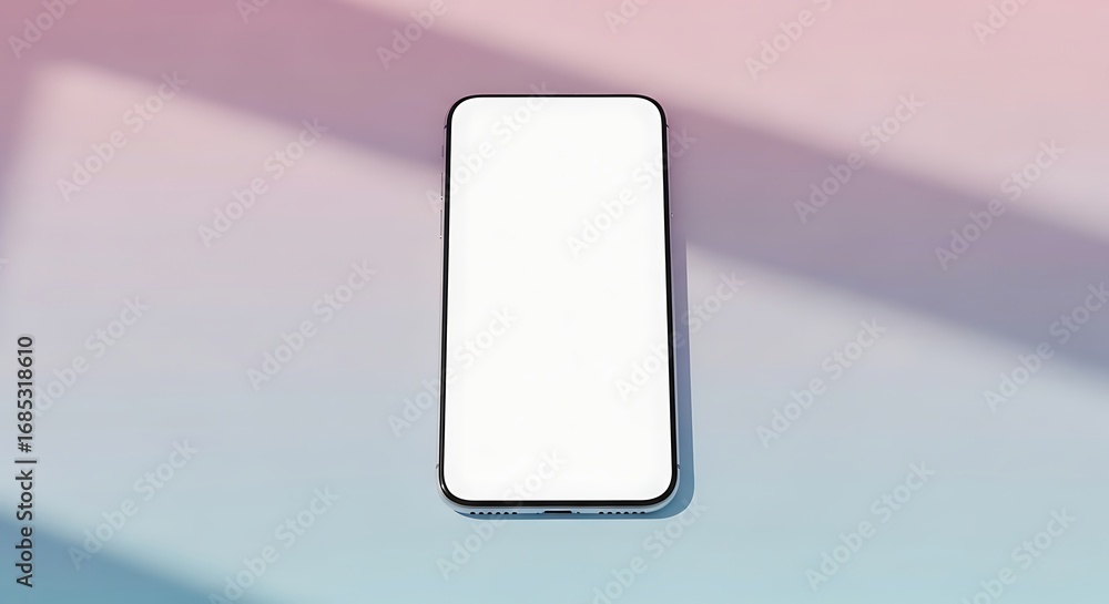 Aufkleber smartphone displaying blank white screen rests on pastel surface with soft window light creating ser