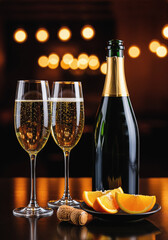 Bottle of Sparkling and elegant glasses with champagne for a romantic date, AI-Generated
