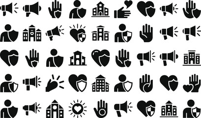Obraz premium Black and White Icon Set Community Charity Support and Communication Symbols