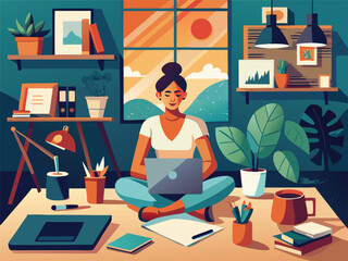 Woman working from home on laptop surrounded by plants and books home office remote work