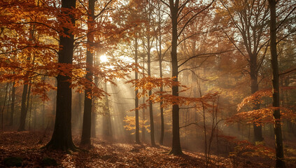 Autumn Forest with Sun Rays Shining Through Trees and Fallen Leaves