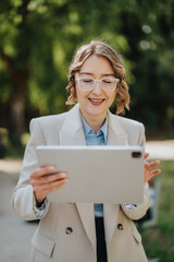 A professional woman wearing glasses uses a tablet for business tasks in an outdoor setting. The...