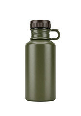 A rugged earthy green textured aluminum water bottle with a dark brown wide-mouth screw-top cap and sturdy handle, isolated on a pristine transparent background, concept of resilient outdoor gear