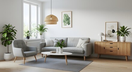 Modern Living Room Interior with Neutral Tones and Plants
