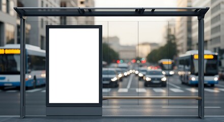 Empty billboard stands at a bus stop in a bustling city center, offering advertising space to reach commuters and pedestrians in the urban landscape.