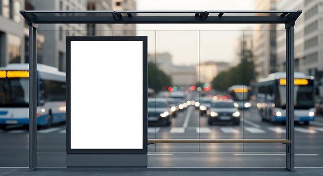 Empty billboard stands at a bus stop in a bustling city center, offering advertising space to reach commuters and pedestrians in the urban landscape.
