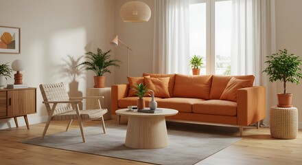 Modern Living Room Interior with Orange Sofa and Plants