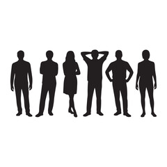 Diverse group of five people silhouettes standing together in a row displaying different poses vector
